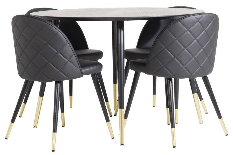 Dipp Spisegruppe 115 cm Rund med 4 Velvet Stoler, Sort/Guld
