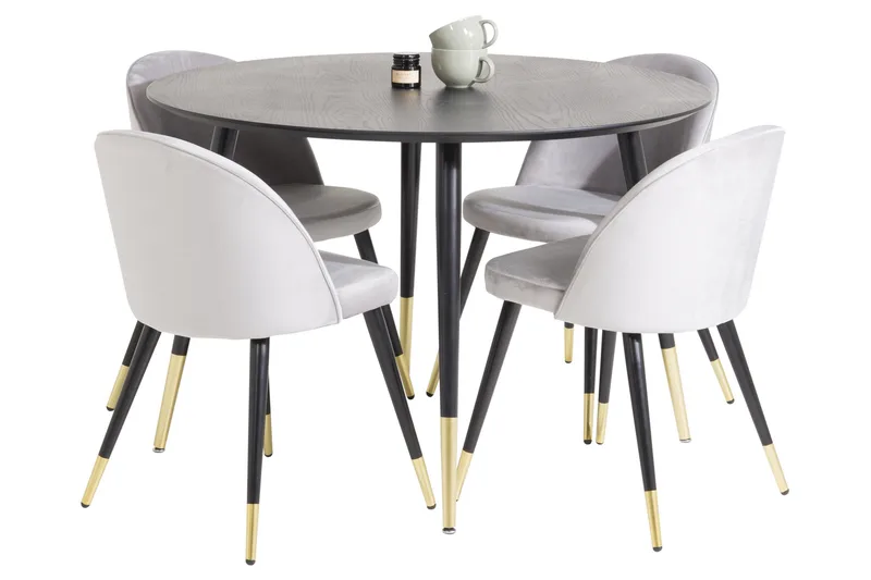 Dipp Spisegruppe 115 cm Rund med 4 Velvet Stoler, Sort/Guld