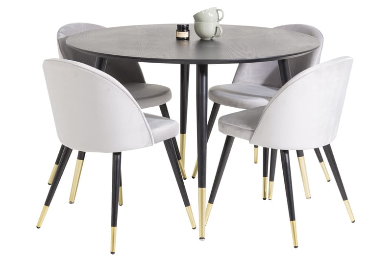 Dipp Spisegruppe 115 cm Rund med 4 Velvet Stoler, Sort/Guld