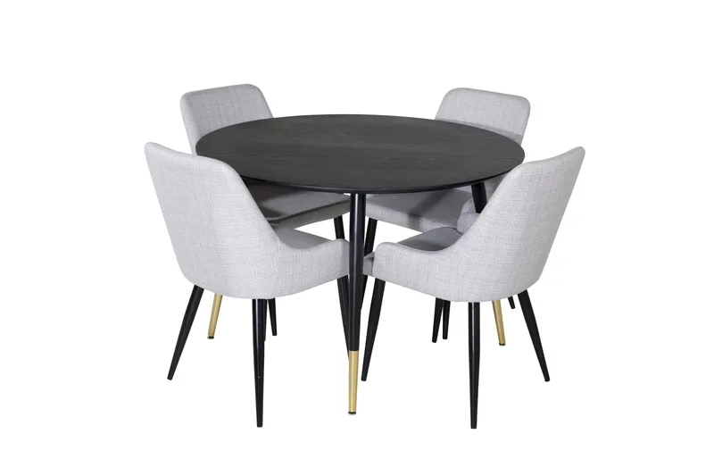Dipp Spisegruppe 115 cm Rund med 4 Plaza Stoler, Sort/Guld
