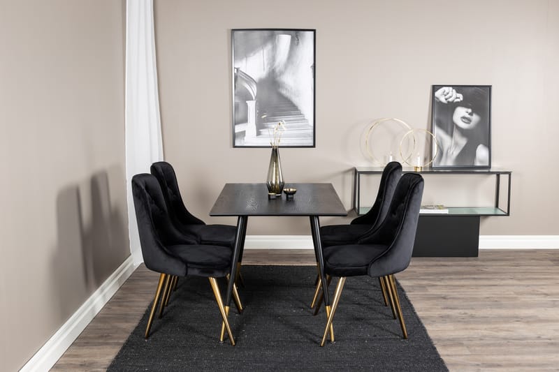 Dipp Spisegruppe 120 cm Rund med 4 Velvet Stoler - Sort/Guld - Møbler - Bord - Spisegrupper