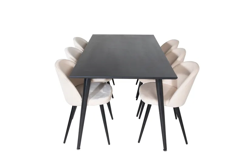 Dipp Spisegruppe 180 cm Rektangulær med 6 Velvet Stoler, Beige