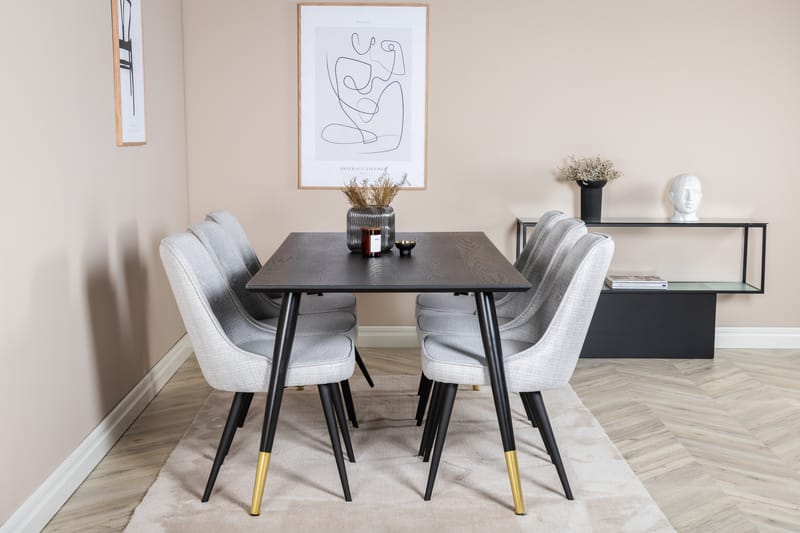 Dipp Spisegruppe 180 cm Rektangulær med 6 Velvet Stoler - Sort/Guld - Møbler - Bord - Spisegrupper