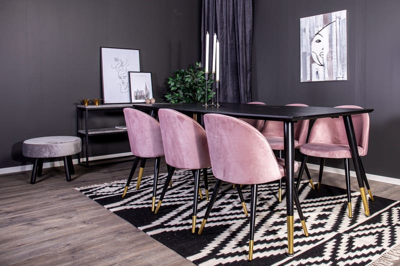 Dipp Spisegruppe 180 cm Rektangulær med 6 Velvet Stoler - Sort/Guld - Møbler - Bord - Spisegrupper