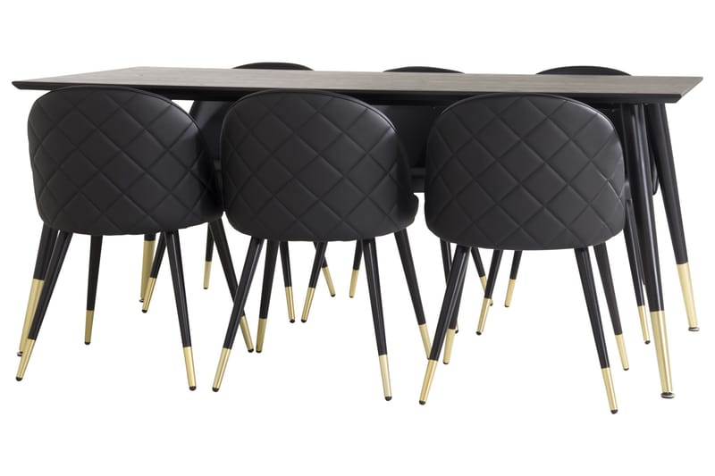 Dipp Spisegruppe 180 cm Rektangulær med 6 Velvet Stoler, Sort/Guld