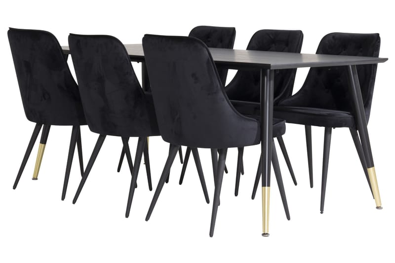 Dipp Spisegruppe 180 cm Rektangulær med 6 Velvet Stoler, Sort/Guld