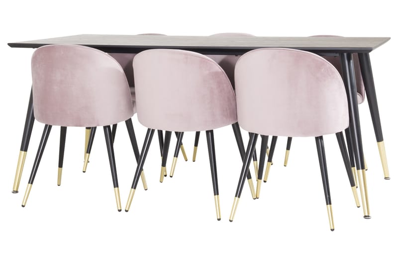 Dipp Spisegruppe 180 cm Rektangulær med 6 Velvet Stoler - Sort/Guld - Møbler - Bord - Spisegrupper