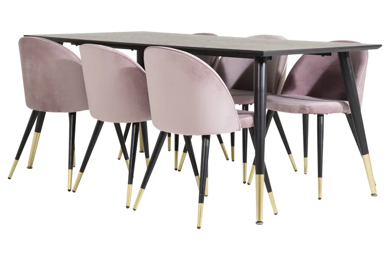 Dipp Spisegruppe 180 cm Rektangulær med 6 Velvet Stoler, Sort/Guld