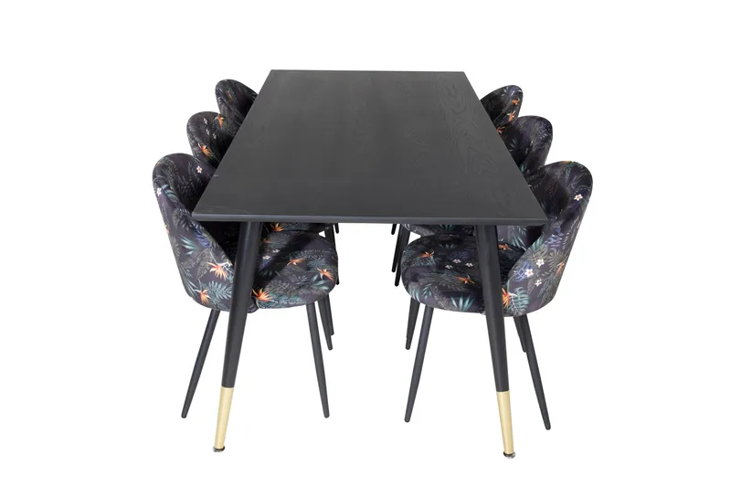 Dipp Spisegruppe 180 cm Rektangulær med 6 Velvet Stoler, Sort/Guld