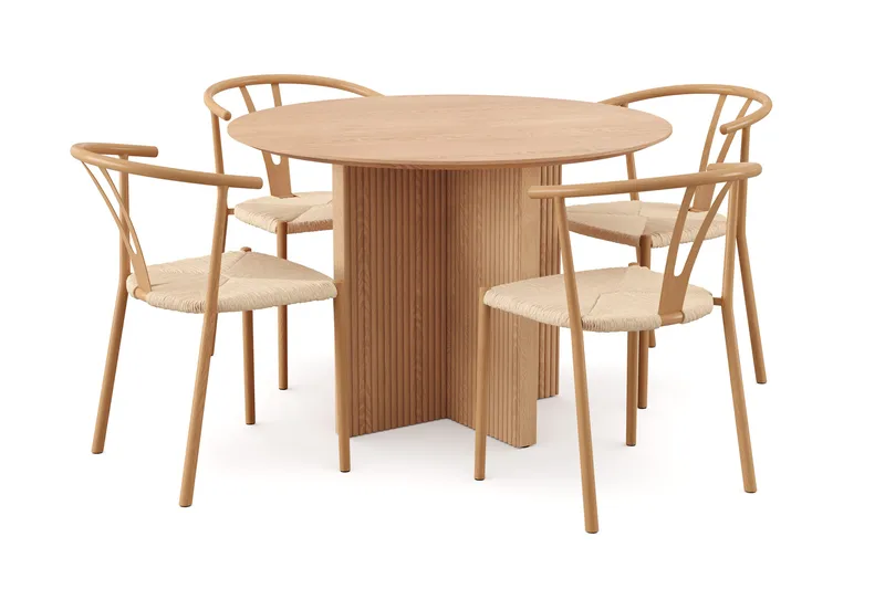 Edda spisegruppe rund 110 cm eik med 4 Elysia spisestoler, Eik