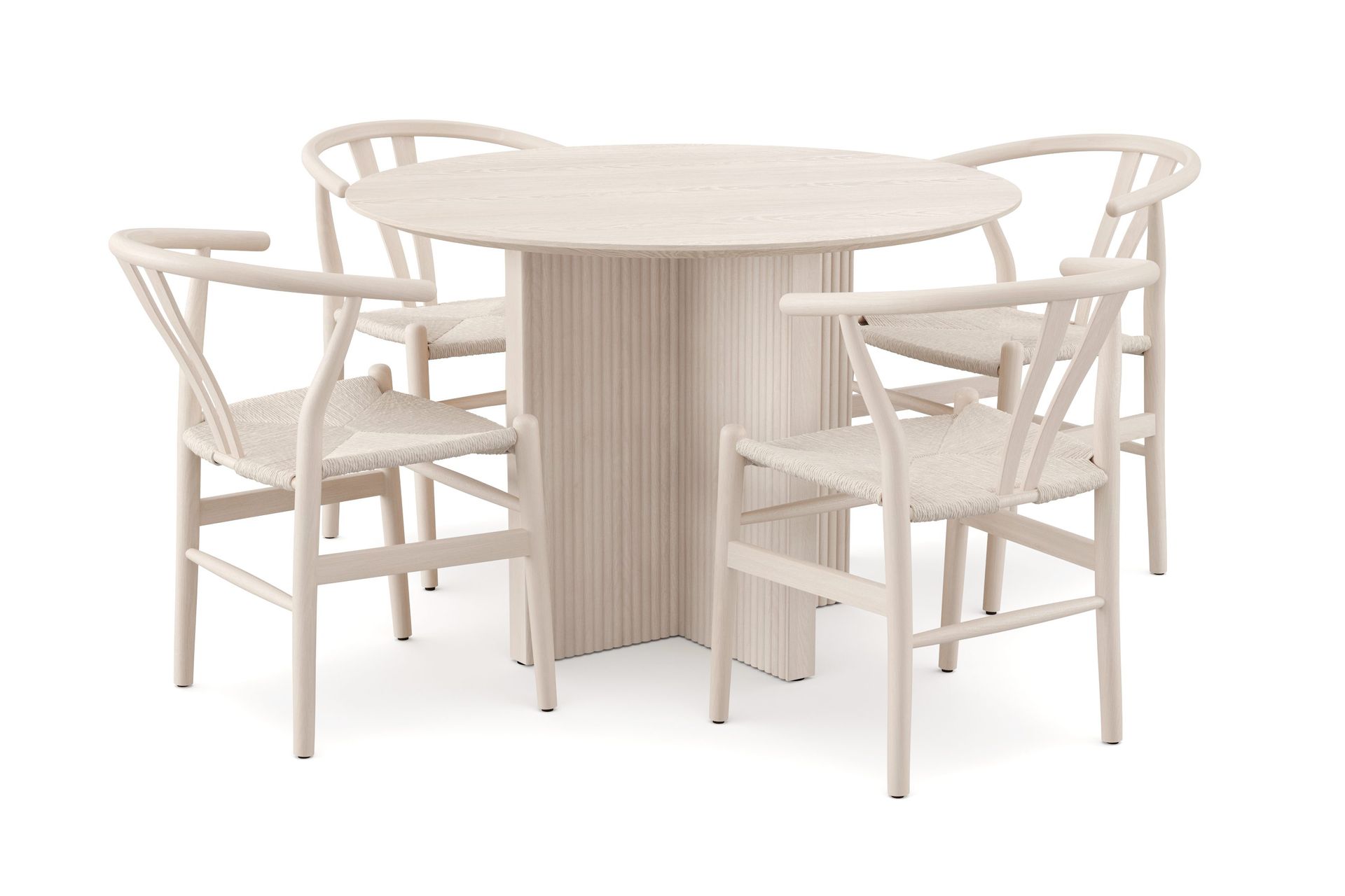 Edda spisegruppe rund 110 cm hvitlasert med 4 Dastoori spisestoler - Hvitbeiset eik