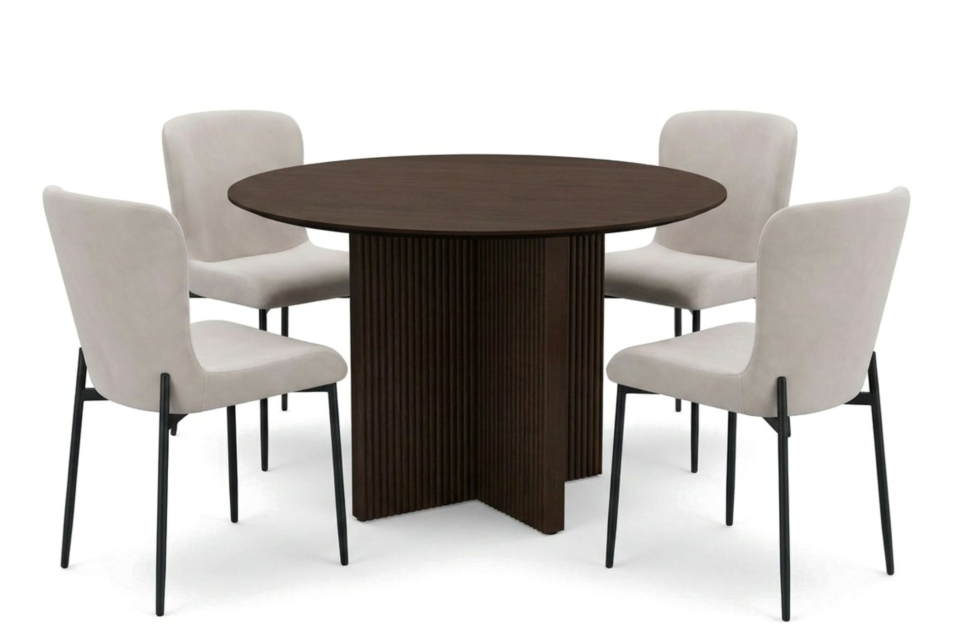 Edda spisegruppe rund 110 cm røkt eik med 4 Elsie spisestoler - Røkt eik/beige
