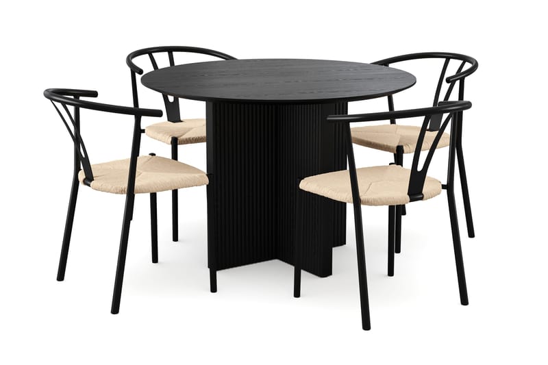 Edda spisegruppe rund 110 cm svart med 4 Elysia spisestoler, Svartbeiset eik