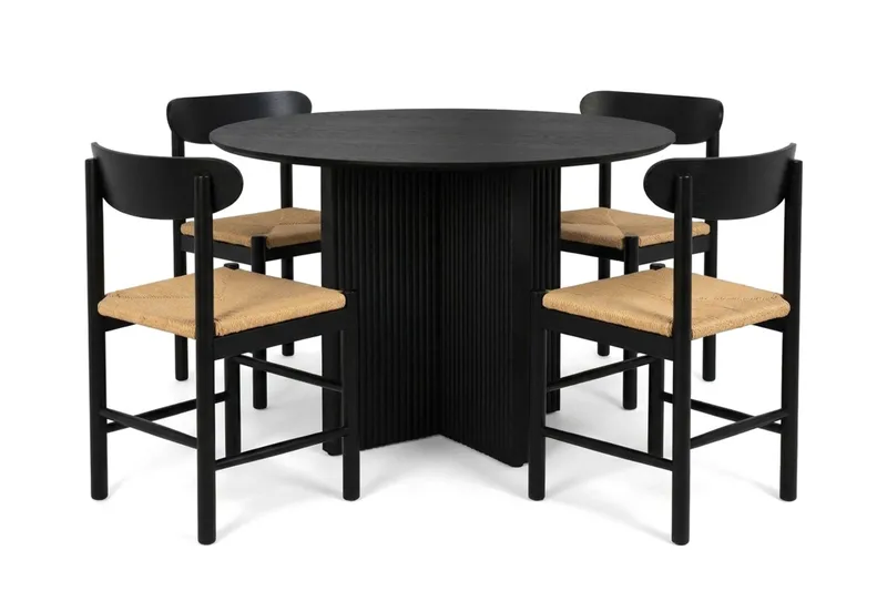 Edda spisegruppe rund 110 cm svart med 4 Malte spisestoler, undefined