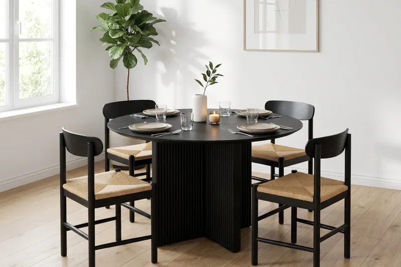 Edda spisegruppe rund 110 cm svart med 4 Malte spisestoler - Møbler - Bord - Spisegrupper