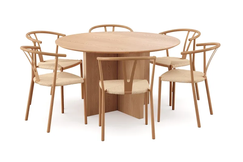 Edda Spisegruppe rund 130 cm Eik med 6 Elysia Spisestoler, Eik