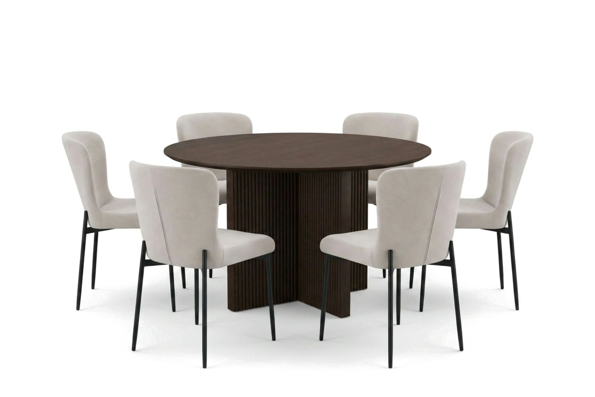 Edda spisegruppe rund 130 cm røkt eik med 6 Elsie spisestoler - Røkt eik/beige