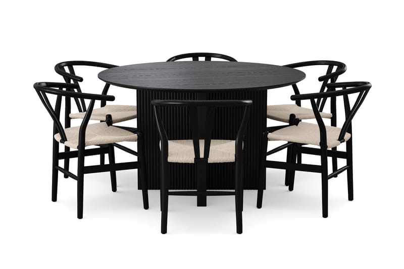 Edda spisegruppe rund 130 cm svart med 6 Dastoori spisestoler - Svartbeiset eik - Møbler - Bord - Spisegrupper