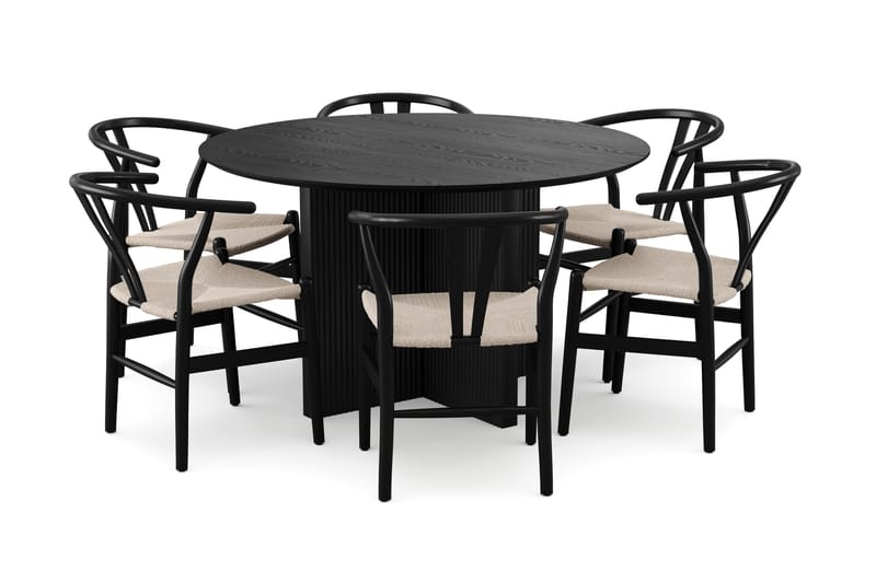 Edda spisegruppe rund 130 cm svart med 6 Dastoori spisestoler, Svartbeiset eik