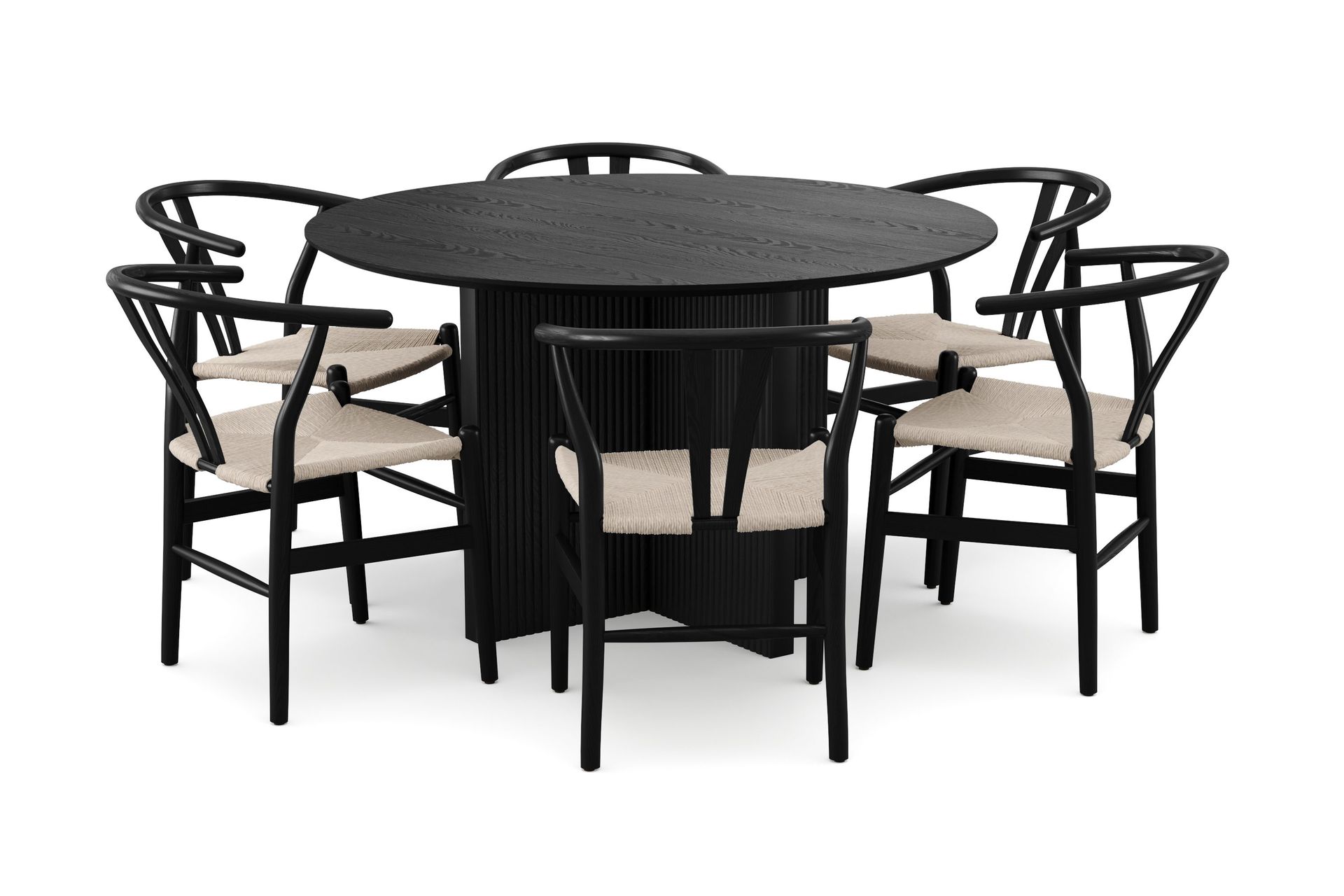 Edda spisegruppe rund 130 cm svart med 6 Dastoori spisestoler - Svartbeiset eik