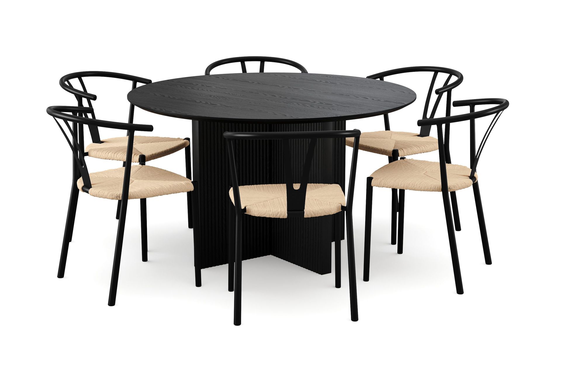 Edda Spisegruppe rund 130 cm Svart med 6 Elysia Spisestoler - Svartbeiset eik