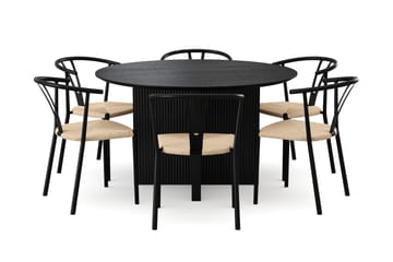 Edda Spisegruppe rund 130 cm Svart med 6 Elysia Spisestoler - Svartbeiset eik - Møbler - Bord - Spisegrupper