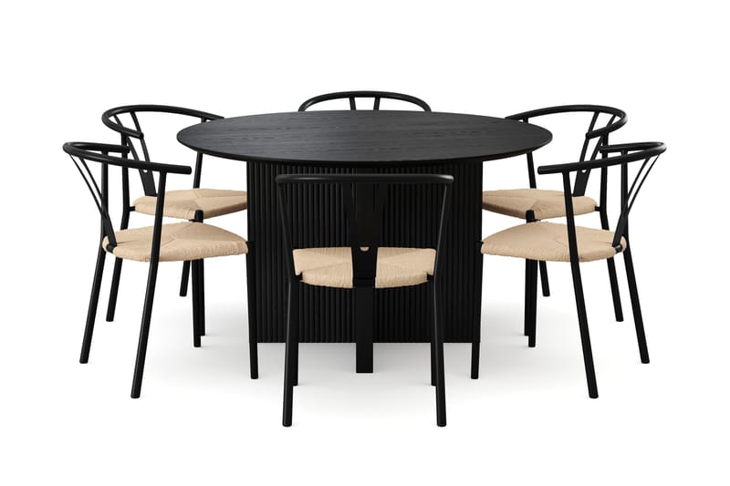 Edda Spisegruppe rund 130 cm Svart med 6 Elysia Spisestoler - Svartbeiset eik - Møbler - Bord - Spisegrupper