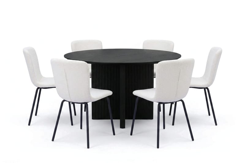 Edda spisegruppe rund 130 cm svart med 6 Katy spisestoler, Svartbeiset eik