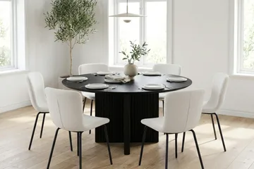 Edda spisegruppe rund 130 cm svart med 6 Katy spisestoler - Svartbeiset eik - Møbler - Bord - Spisegrupper