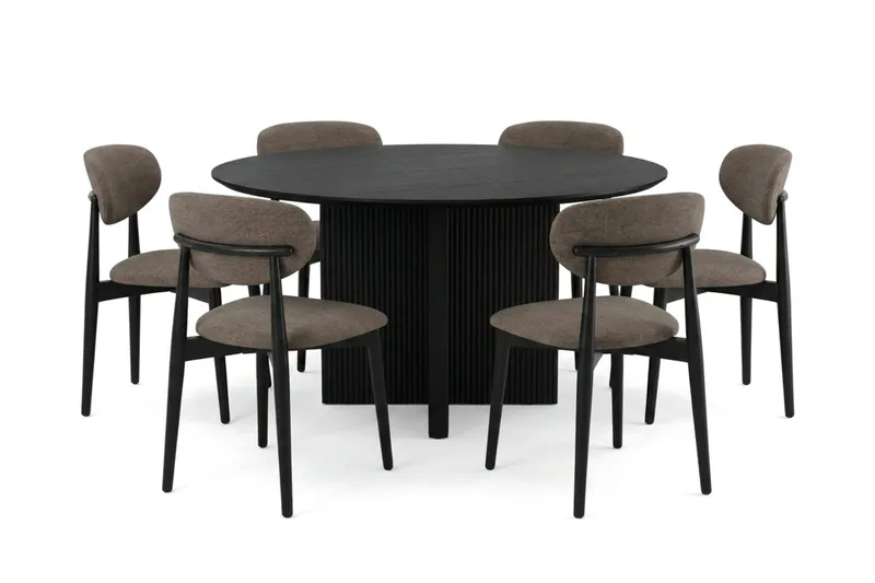 Edda spisegruppe rund 130 cm svart med 6 Molly spisestoler, Svartbeiset eik