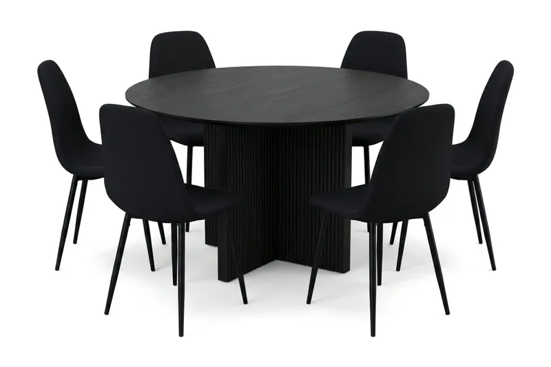 Edda spisegruppe rund 130 cm svart med 6 Nibe spisestoler, Svart