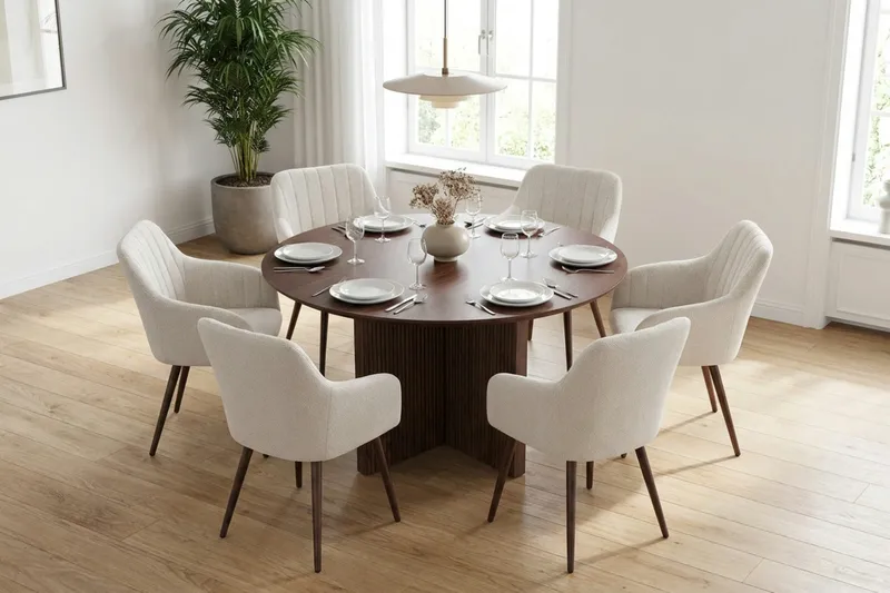 Edda spisegruppe rund 130 cm valnøtt med 6 Filippa spisestoler - Valnøtt - Møbler - Bord - Spisegrupper