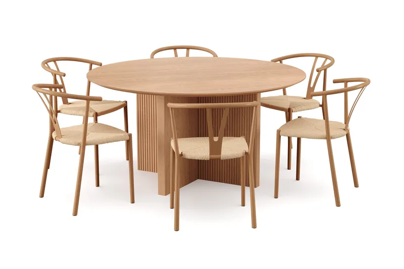 Edda Spisegruppe rund 150 cm Eik med 6 Elysia Spisestoler, Eik
