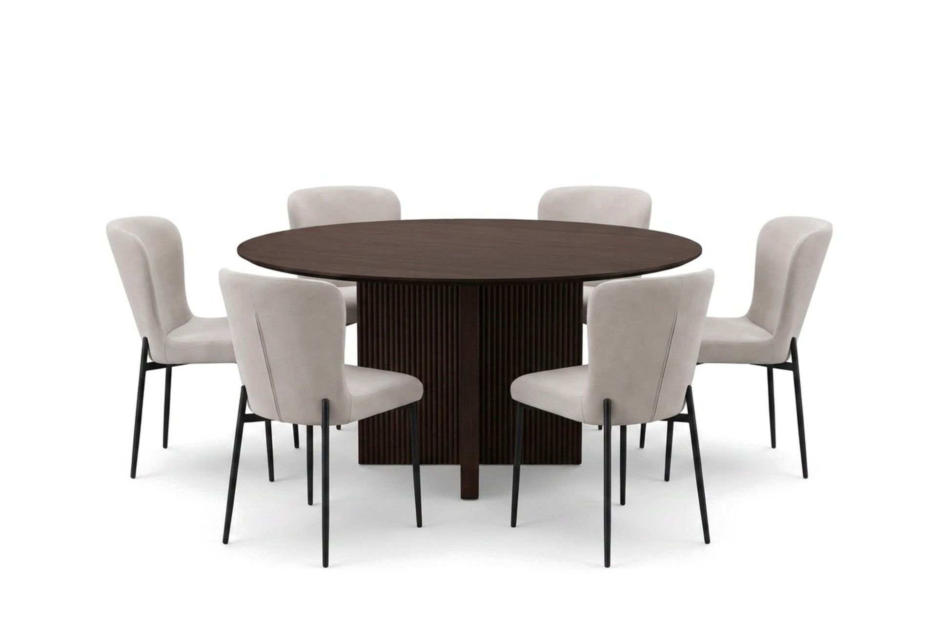 Edda spisegruppe rund 150 cm røkt eik med 6 Elsie spisestoler - Røkt eik/beige