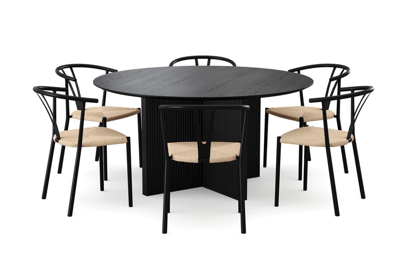 Edda Spisegruppe rund 150 cm Svart med 6 Elysia Spisestoler - Svartbeiset eik - Møbler - Bord - Spisegrupper