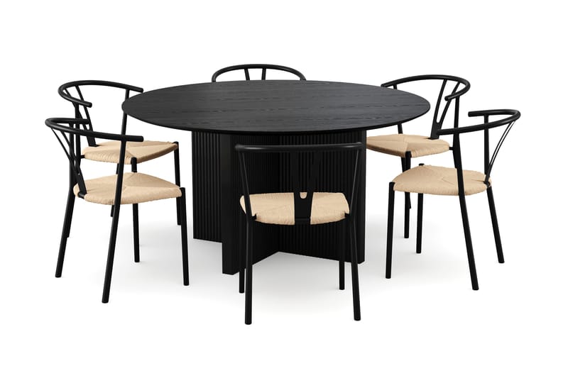Edda Spisegruppe rund 150 cm Svart med 6 Elysia Spisestoler, Svartbeiset eik