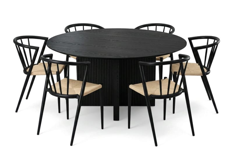 Edda spisegruppe rund 150 cm svart med 6 Winston spisestoler - Svart - Møbler - Bord - Spisegrupper