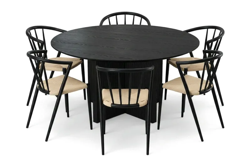 Edda spisegruppe rund 150 cm svart med 6 Winston spisestoler, Svart