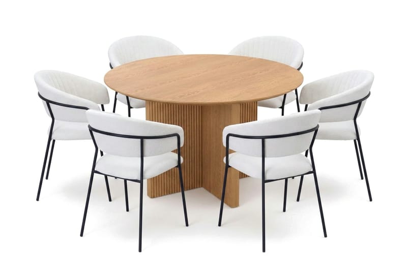 Edda spisegruppe rundt 130 cm eik med 6 Karol spisestoler, Eik