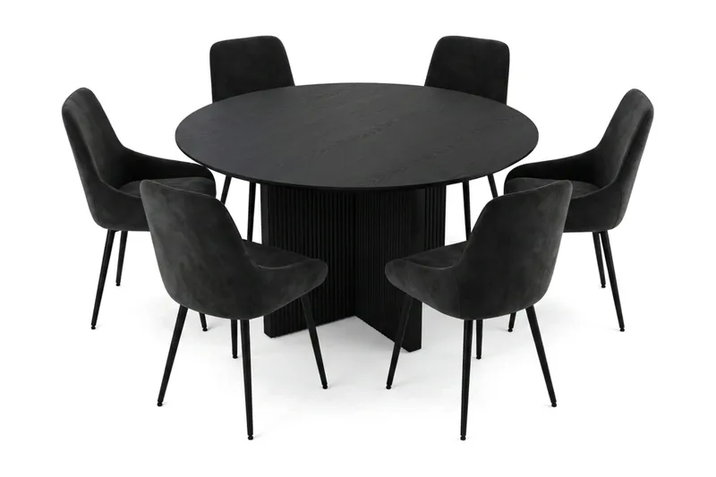 Edda spisegruppe rundt 130 cm svart med 6 Alsarp spisestoler, Svartbeiset eik
