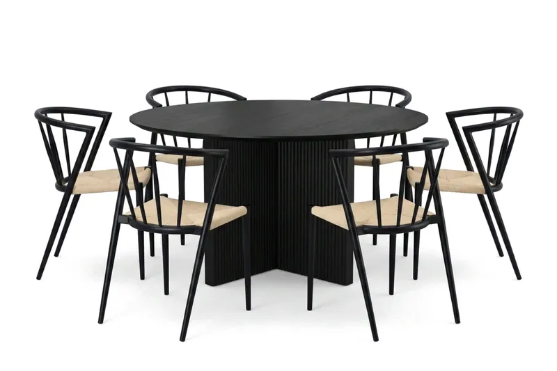 Edda spisegruppe rundt 130 cm svart med 6 Winston spisestoler, Svartbeiset eik