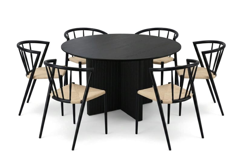 Edda spisegruppe rundt 130 cm svart med 6 Winston spisestoler - Svartbeiset eik - Møbler - Bord - Spisegrupper