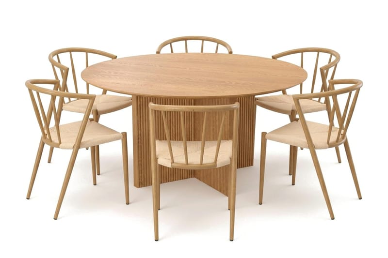 Edda spisegruppe rundt 150 cm eik med 6 Winston spisestoler, Eik