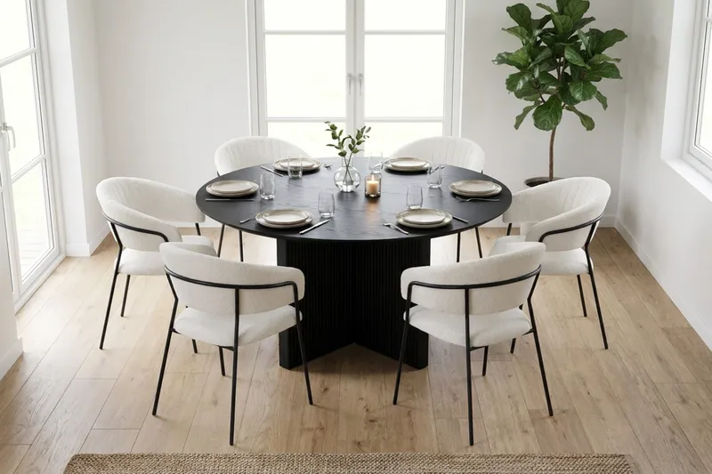 Edda spisegruppe rundt 150 cm svart med 6 Karol spisestoler - Svart - Møbler - Bord - Spisegrupper