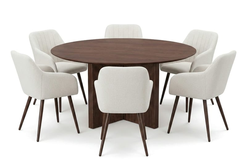 Edda spisegruppe rundt 150 cm valnøtt med 6 Filippa spisestoler - Møbler - Bord - Spisegrupper