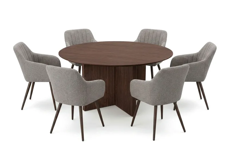 Edda spisegruppe rundt 150 cm valnøtt med 6 Filippa spisestoler, undefined