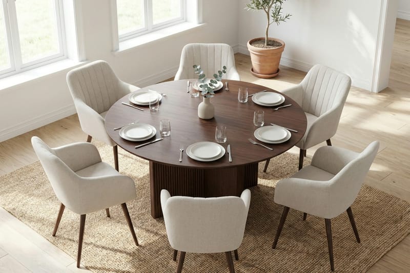 Edda spisegruppe rundt 150 cm valnøtt med 6 Filippa spisestoler - Møbler - Bord - Spisegrupper