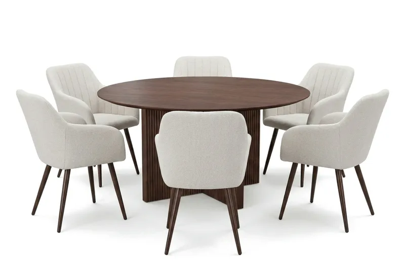 Edda spisegruppe rundt 150 cm valnøtt med 6 Filippa spisestoler, undefined