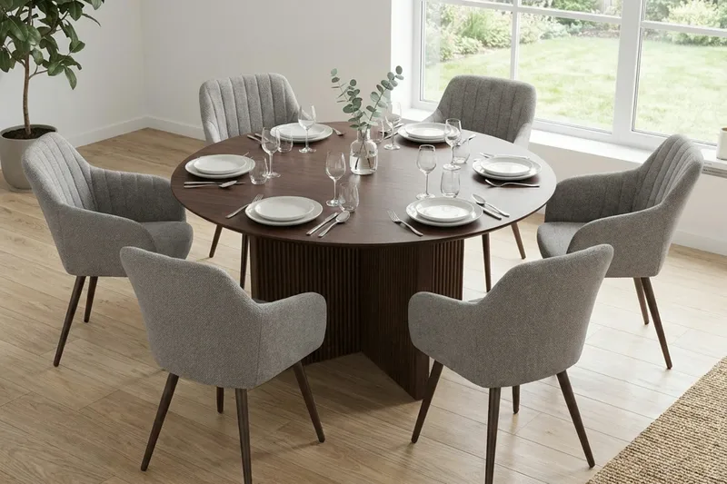 Edda spisegruppe rundt 150 cm valnøtt med 6 Filippa spisestoler - Møbler - Bord - Spisegrupper