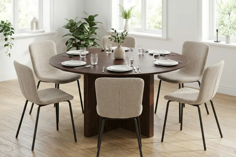 Edda spisegruppe rundt 150 cm valnøtt med 6 Katy spisestoler - Møbler - Bord - Spisegrupper